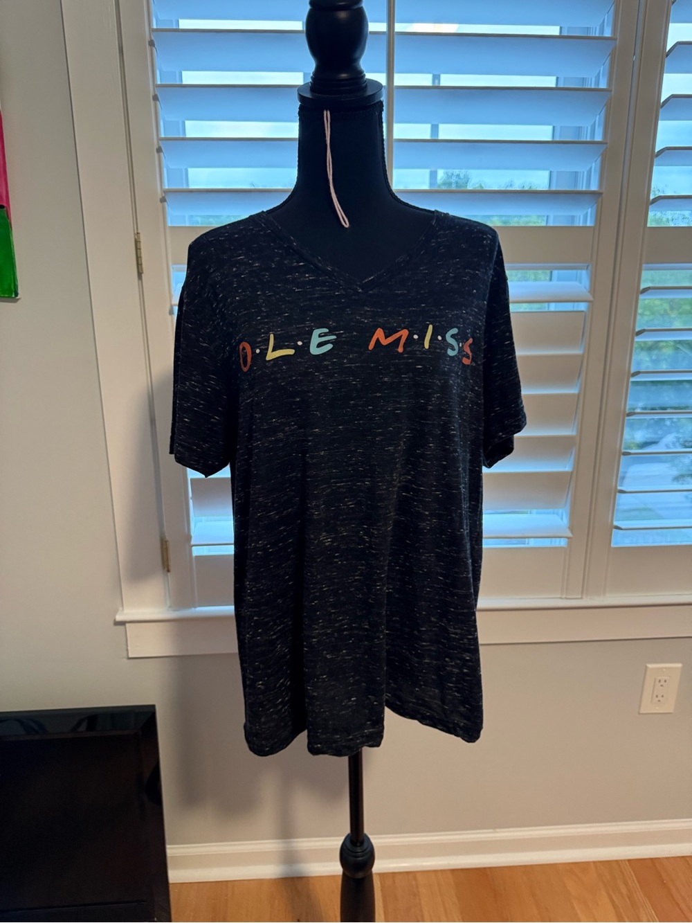 Bella Canvas Black Short Sleeve V-Neck Tee with Multicolor Ole Miss Script